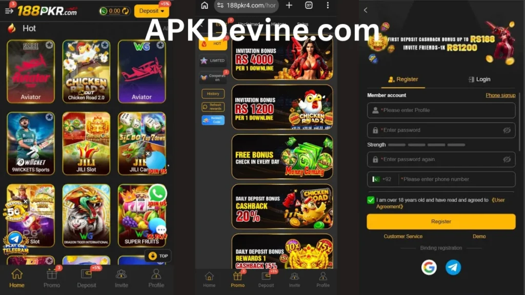 188PKR Game App internal interface, promotion center and registration section of game