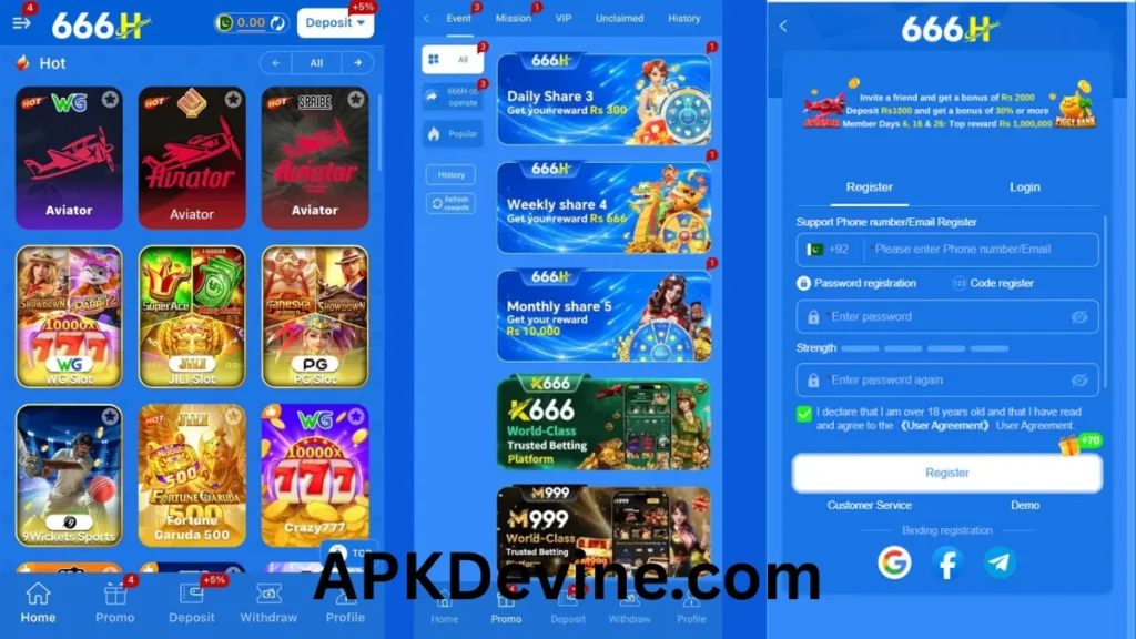 666H Game App internal interface, promotion center and registration section of game
