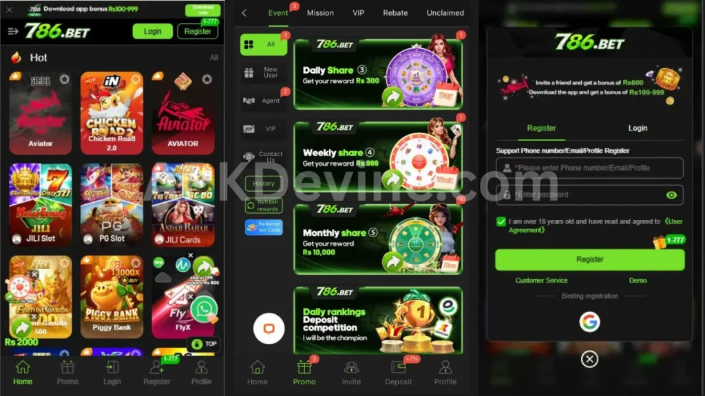786Bet Game App internal interface, promotion center and registration section of game