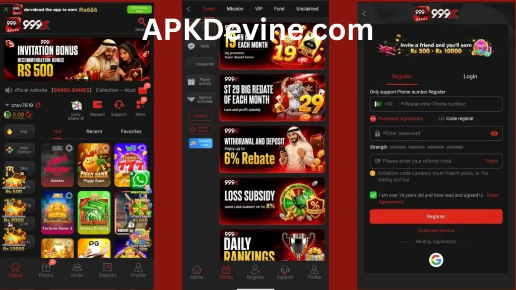 999SX Game App internal interface, promotion center and registration section of game