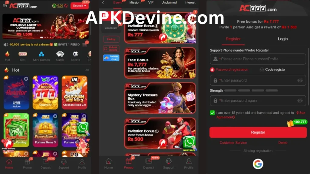 AC777 Game App internal interface, promotion center and registration section of game