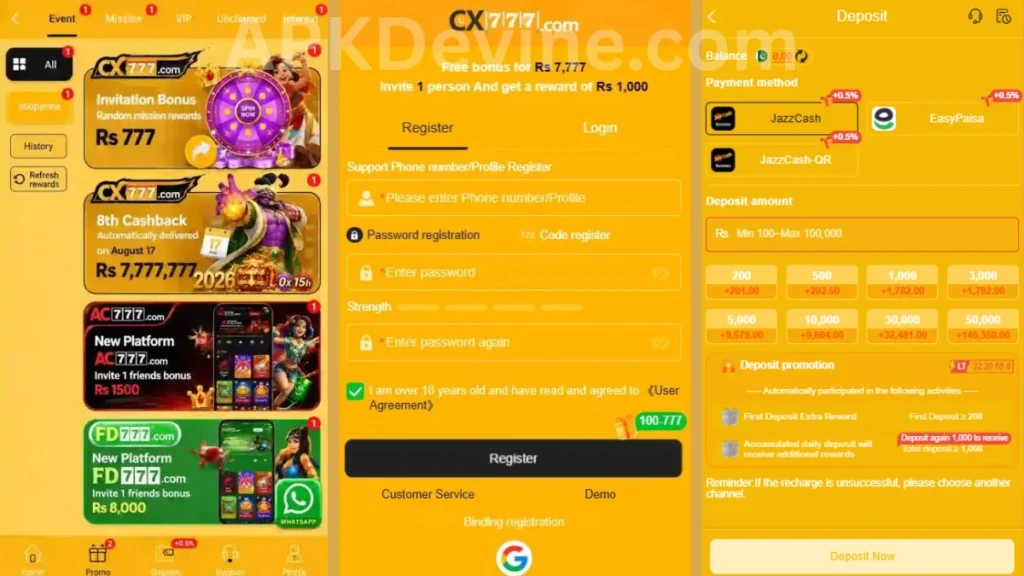CX777 Game App promotion center, registration section and deposit section of game
