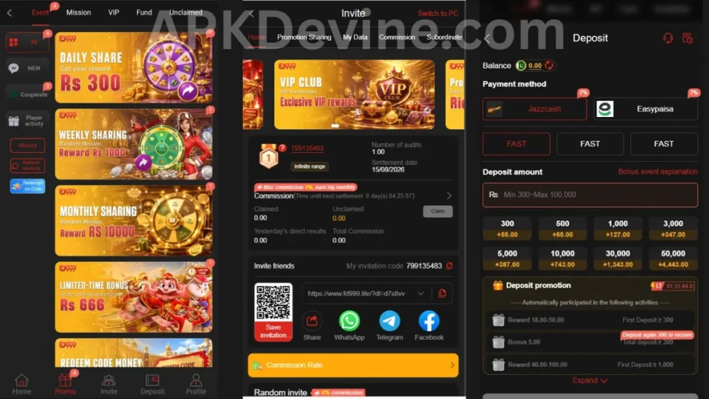 FD999 Game App promotion center, deposit and profile section of game