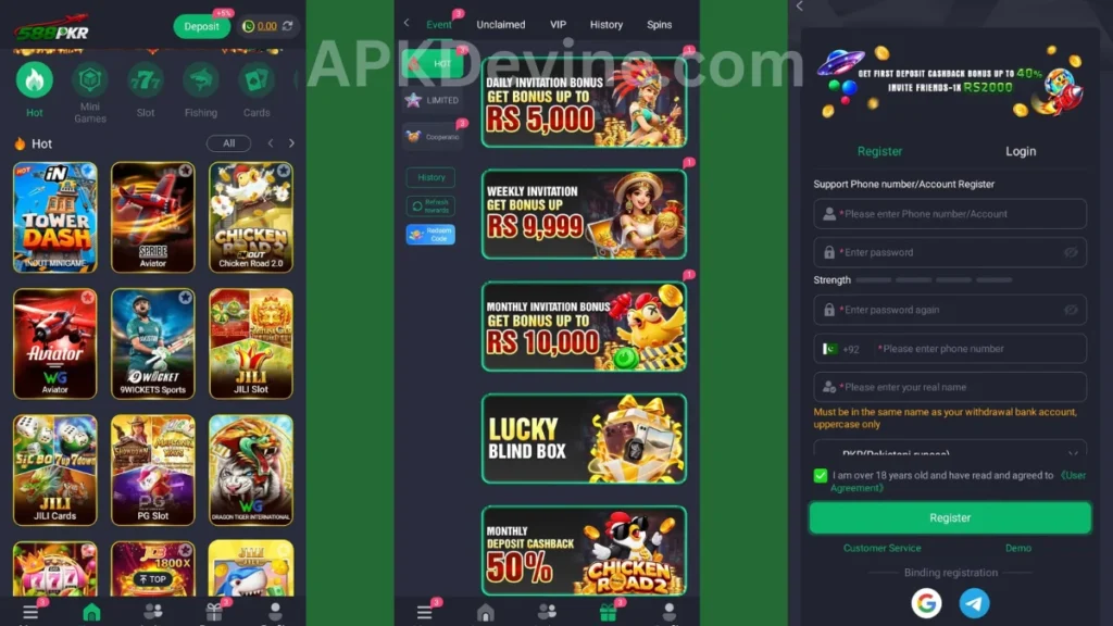 588PKR Game APK internal interface, promotion center and registration section of game