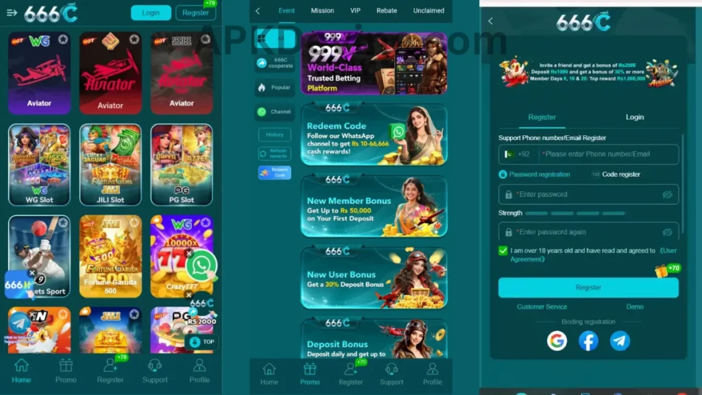 666C Game APK internal interface, promotion center and signup section of game