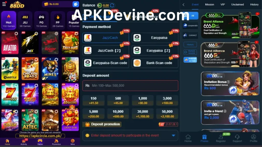 88DD Game App internal interface, deposit section and promotion center of game