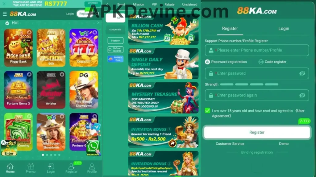 88KA Game APK internal interface, promotion center and registration section of game