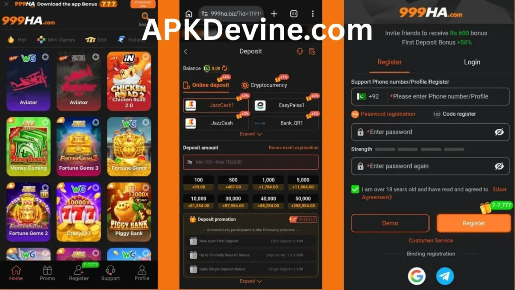 999HA Game App internal interface, promotion center and deposit section of game