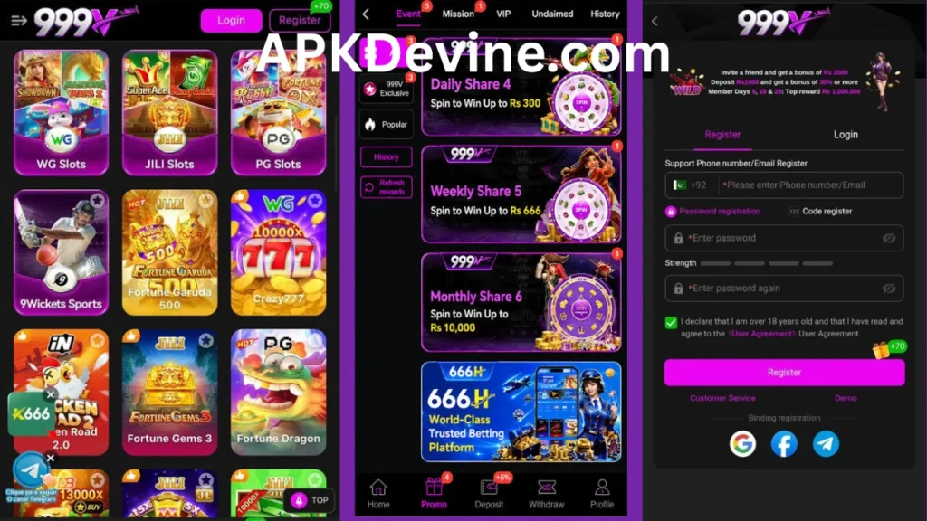 999V Game App internal interface, promotion center and registration section of game