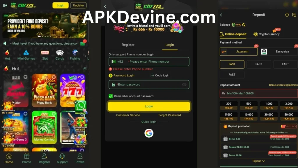 CW773 Game App internal interface, registration section and deposit section of game