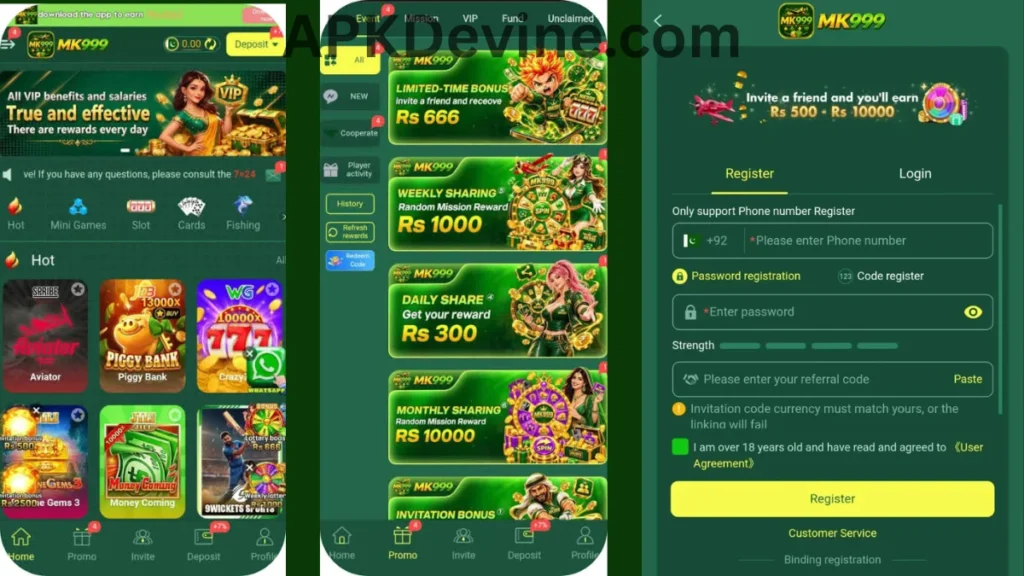 MK999 Game App internal interface, promotion center and registrations section of game