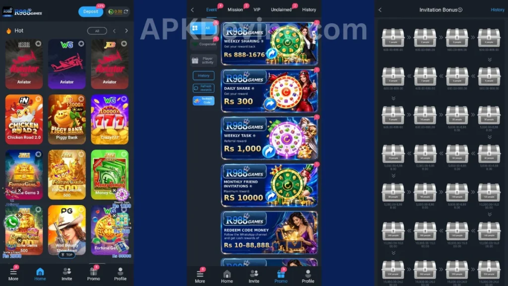 R988 Game APK internal interface, promotion center and registration section of game