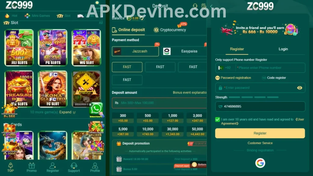 ZC999 Game App internal interface, deposit section and registration section of game